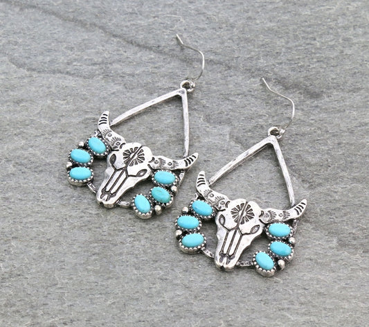 Western Steer Skull Teardrop Dangle Earrings