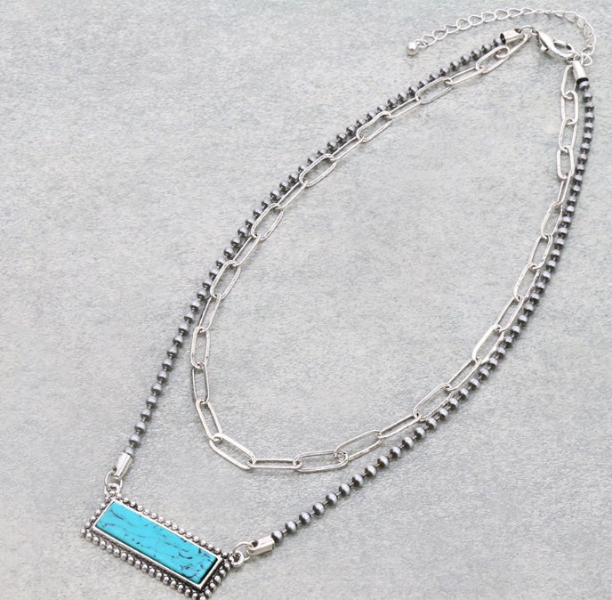 2 Row Navajo Style Pearl with Stone Bar Necklace