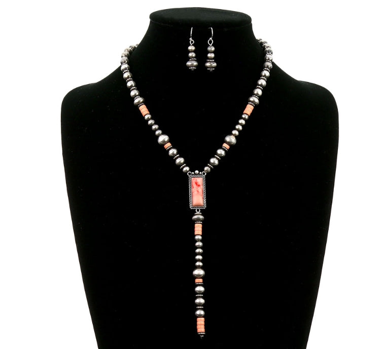 Navajo Style Pearl with Rectangle Stone Y Necklace Set