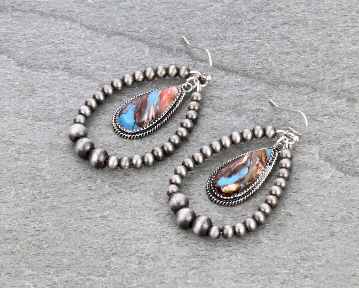 Navajo Style Pearl with Teardrop Stone Dangle Earrings