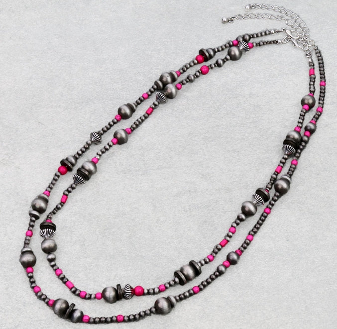 2 Layered Navajo Style Pearl & Bead Necklace