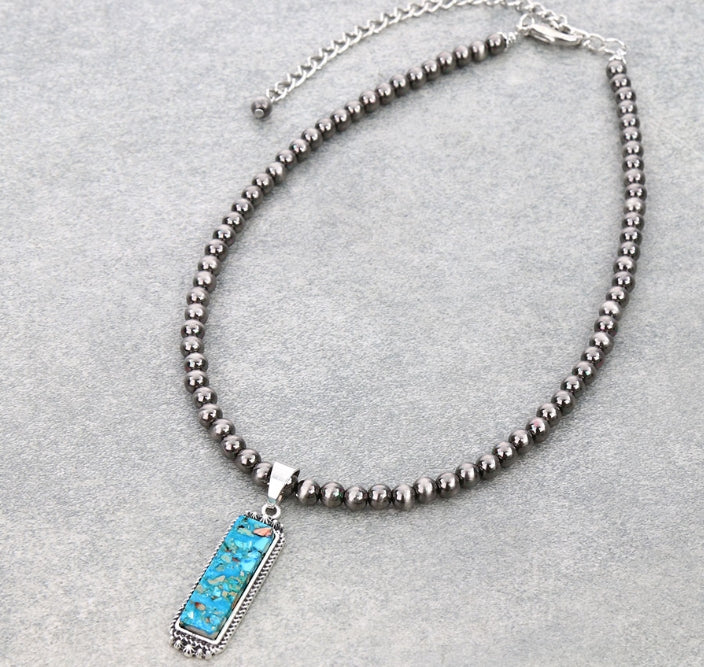 16″ Long, 6mm Polished Navajo Style Pearl Necklace, Bar Gemstone Pendant