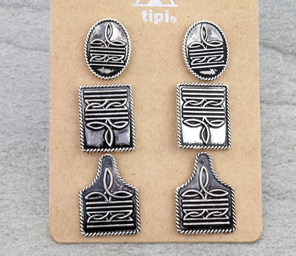 3 Pair Western Boot Stitch Earring Set