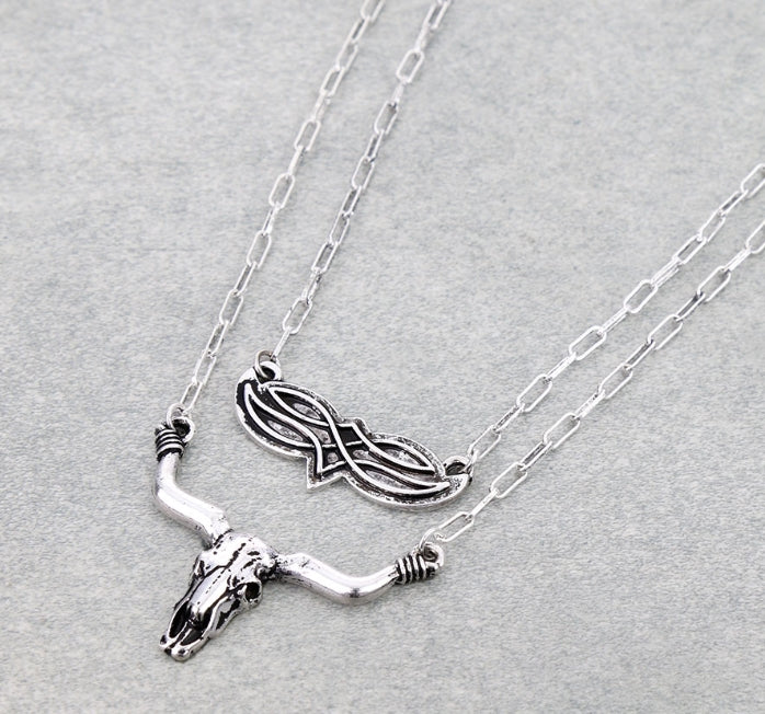Western Steer Skull Boot Stitch 2 Layered Necklace