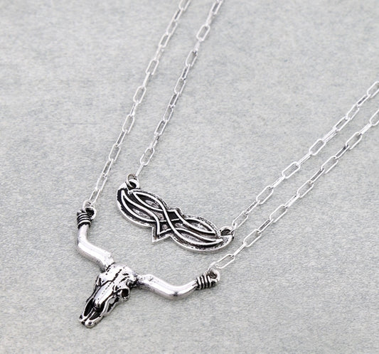Western Steer Skull Boot Stitch 2 Layered Necklace