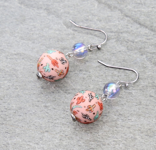 Western Cactus Print Silicon Ball Dangle Earrings