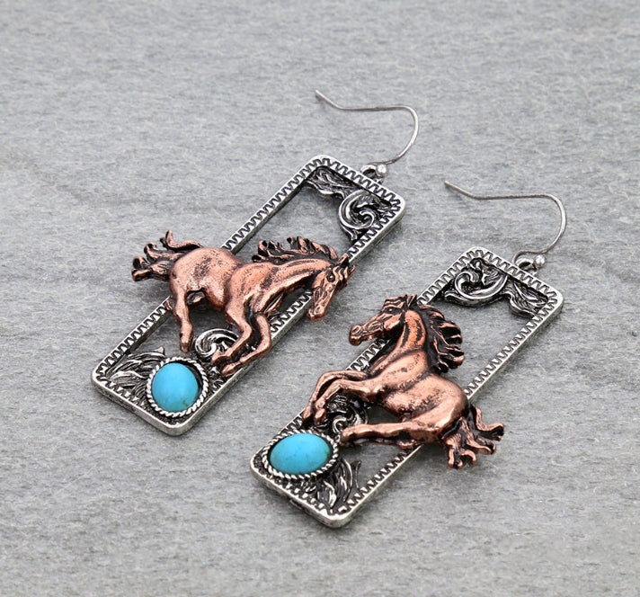 Western Horse Rectangle Dangle Earrings