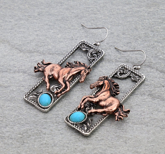 Western Horse Rectangle Dangle Earrings