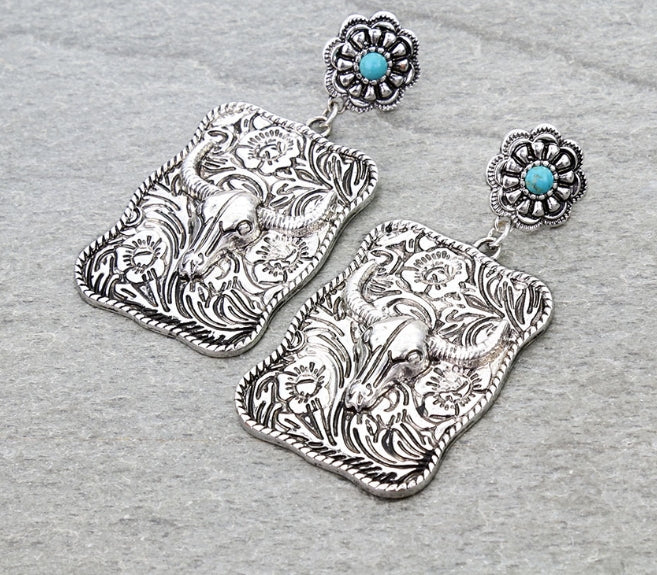Western Steer Skull Plate Stud Earrings