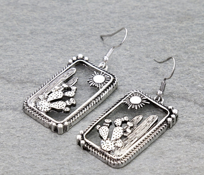 Western Cactus Cutout Rectangle Dangle Earrings