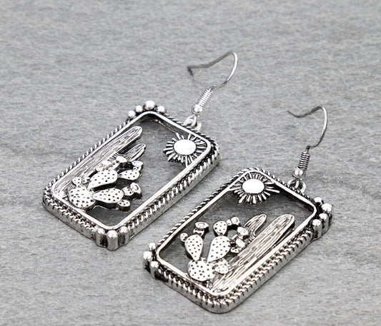 Western Cactus Cutout Rectangle Dangle Earrings