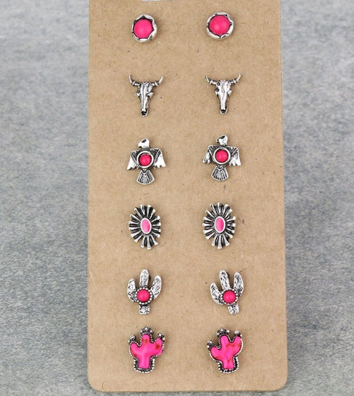 6 Pair Western Design Stud Earring Set
