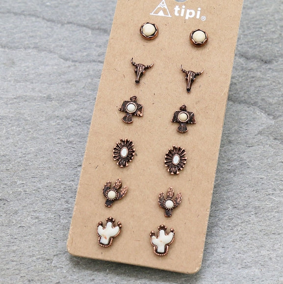 6 Pair Western Design Stud Earring Set