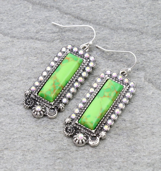 Western Rectangle Hand Craft Stone Dangle Earrings