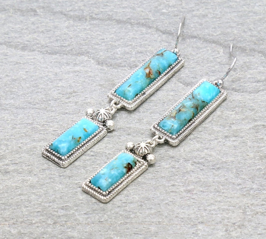 Western Hand Craft Stone Rectangle Dangle Earrings