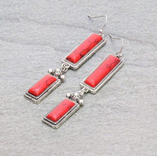 Western Hand Craft Stone Rectangle Dangle Earrings
