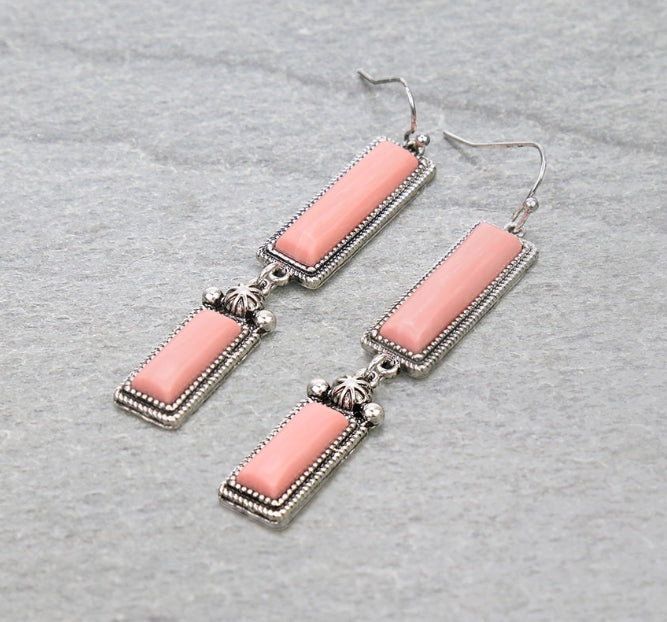 Western Hand Craft Stone Rectangle Dangle Earrings