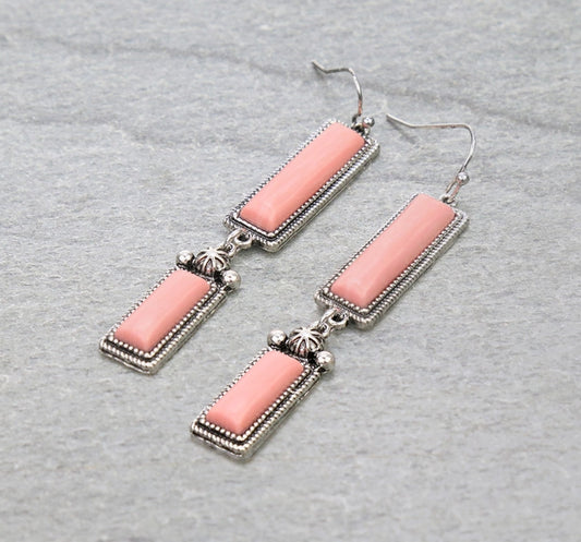 Western Hand Craft Stone Rectangle Dangle Earrings