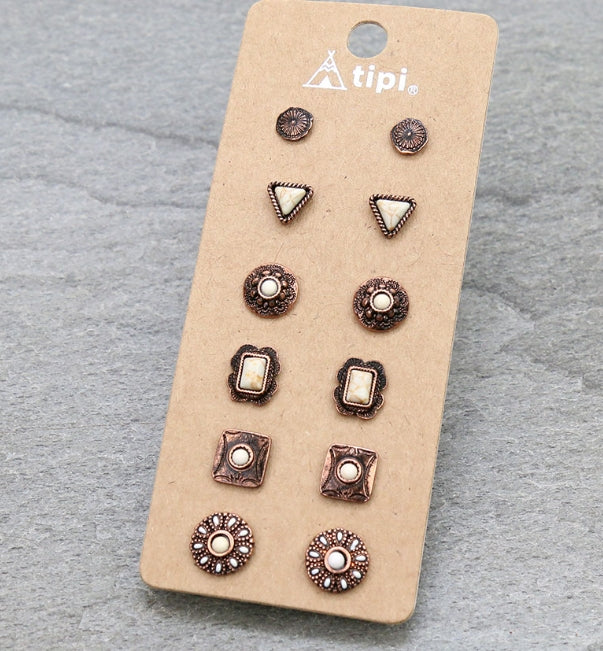 6 Pair Western Design Stud Earring Set
