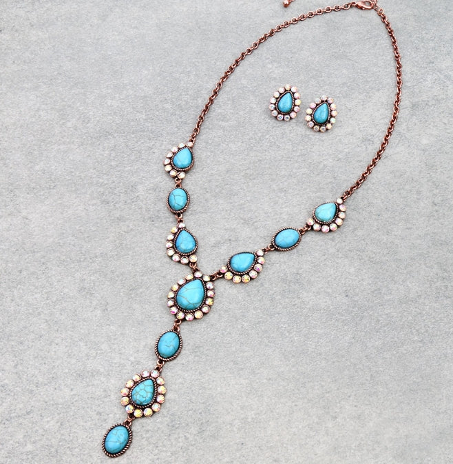 Western Teardrop Stone Y Necklace Set