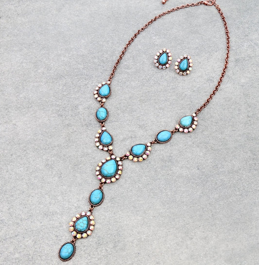 Western Teardrop Stone Y Necklace Set