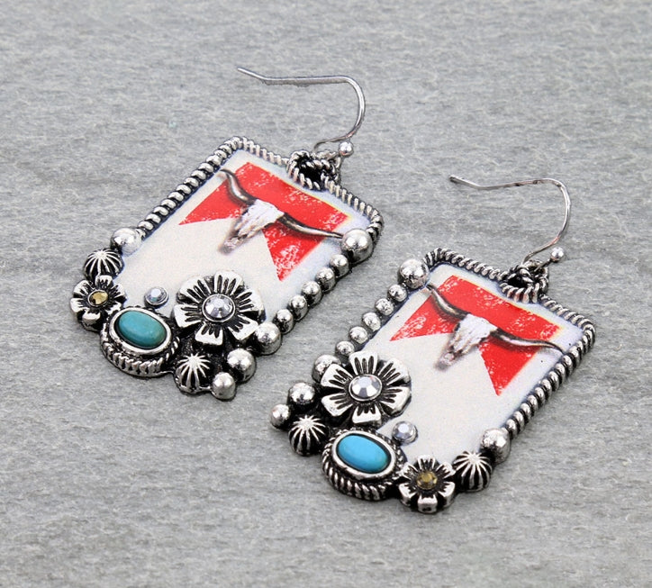 Western Steer Skull Print Dangle Earrings