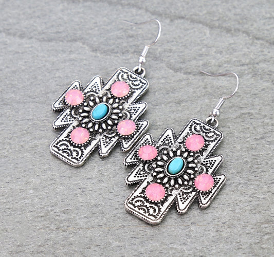Western Aztec Concho Stone Dangle Earrings