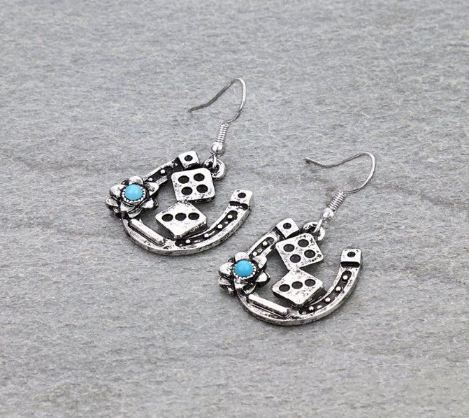 Western Horseshoe & Dice Dangle Earrings