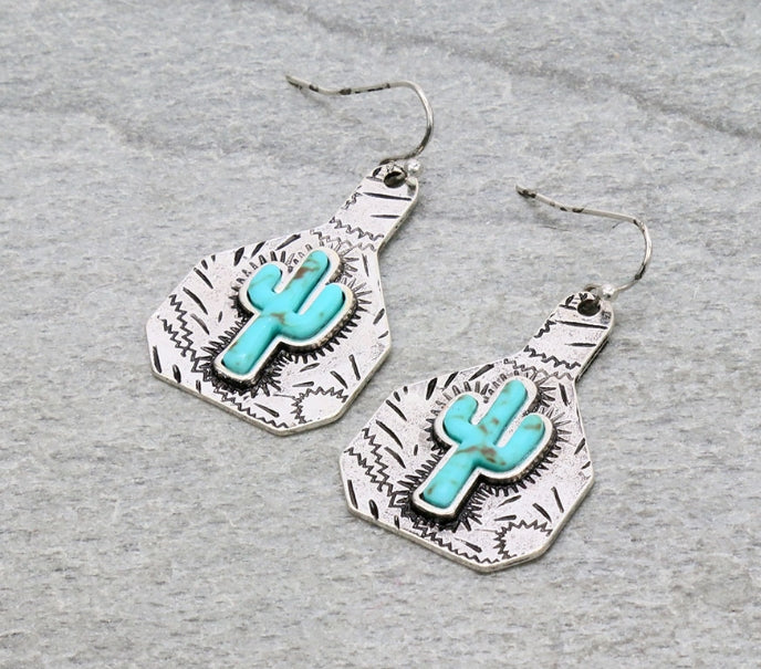 Cattle Tag Cactus Dangle Earrings