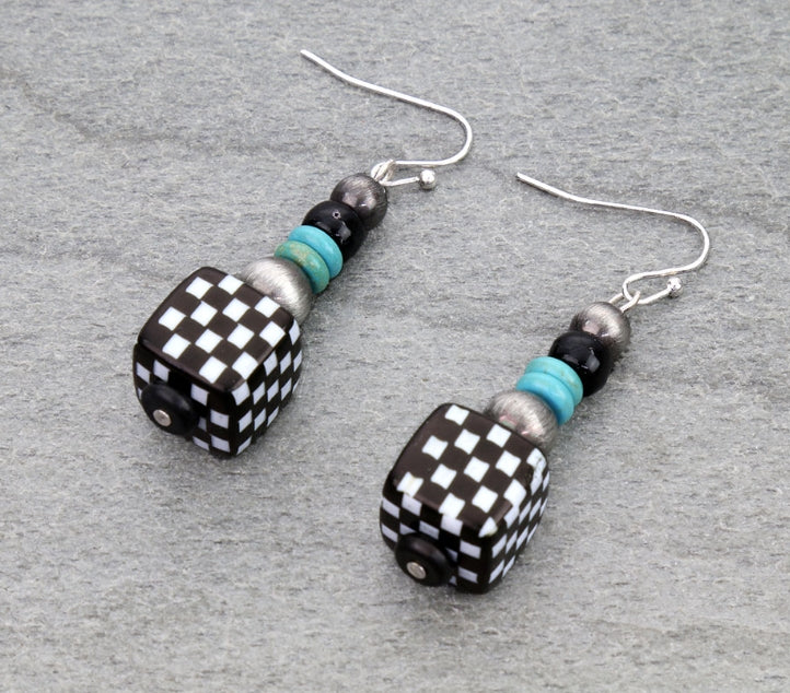 Checker Pattern Square Dangle Earrings
