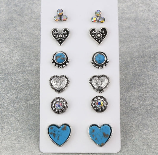 6 Pair Heart Agate & AB Stone Earring Set