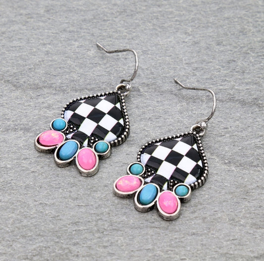 Western Checker Spade Dangle Earrings