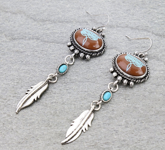 Western Boot Stitch Feather Dangle Earrings