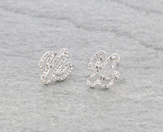Western Cactus Cut Out Paved Stud Earrings