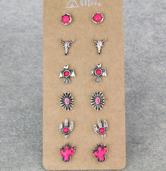 6 Pair Western Design Stud Earring Set