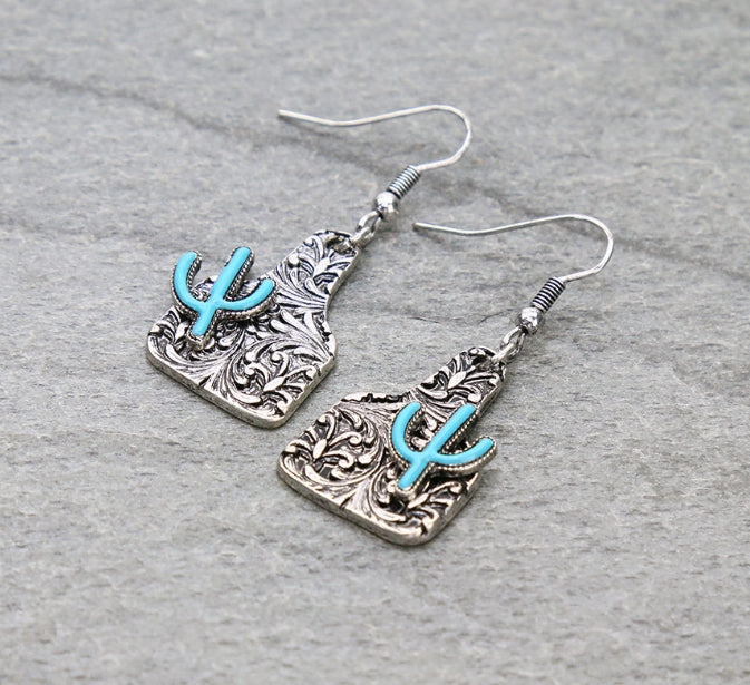 Mini Cattle Tag Cactus Dangle Earrings