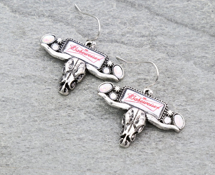 Western Steer Skull with Beer Logo Dangle Earrings