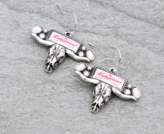 Western Steer Skull with Beer Logo Dangle Earrings