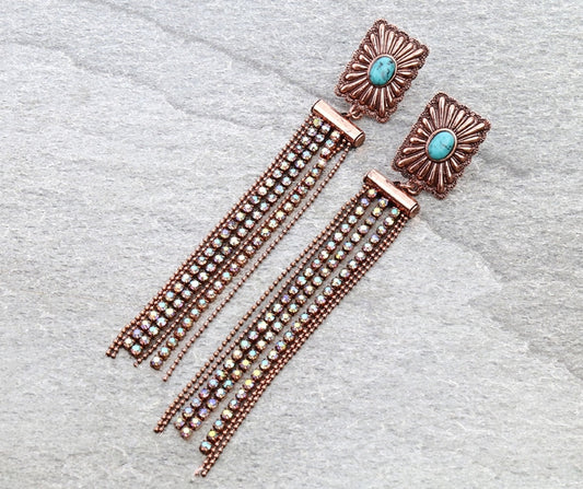 Western Concho with Stone Tassel Stud Earrings