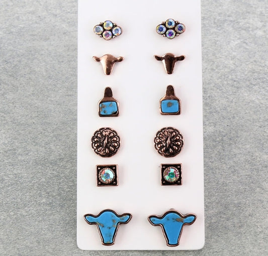6 Pair Cow Agate & AB Stone Earring Set