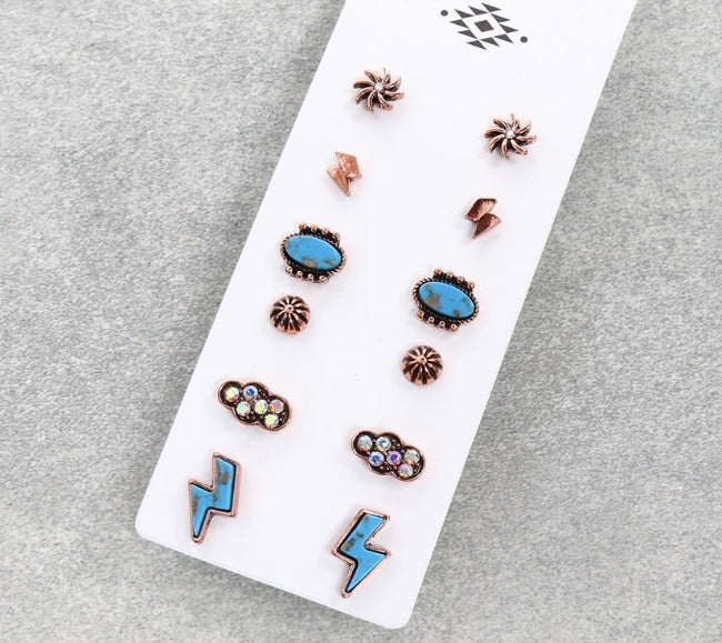 6 Pair Western Thunder Stud Earring Set