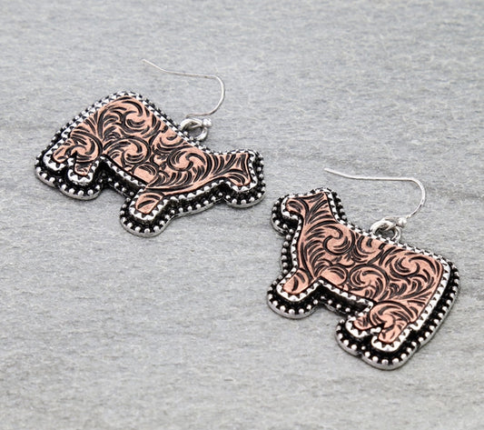 Western Etched Cow Dangle Earrings