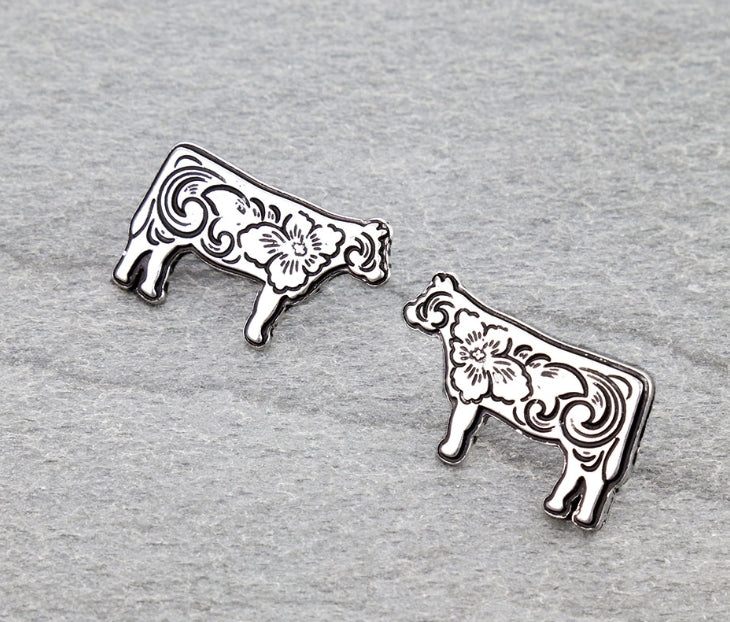 Western Etched Cow Stud Earrings