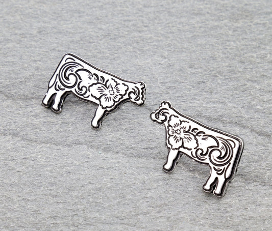 Western Etched Cow Stud Earrings