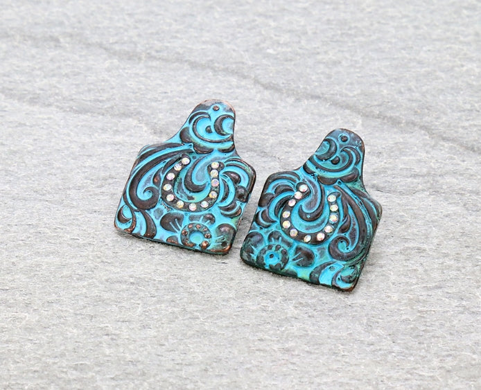 1.25″ Western Ear Tag with AB Stone Stud Earrings