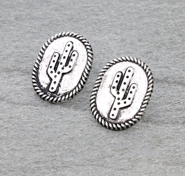 Western Rope TXR Cactus Oval Stud Earrings