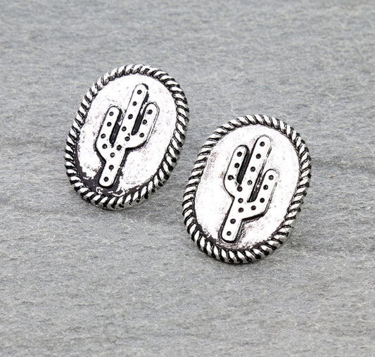 Western Rope TXR Cactus Oval Stud Earrings