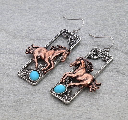 Western Horse Rectangle Dangle Earrings