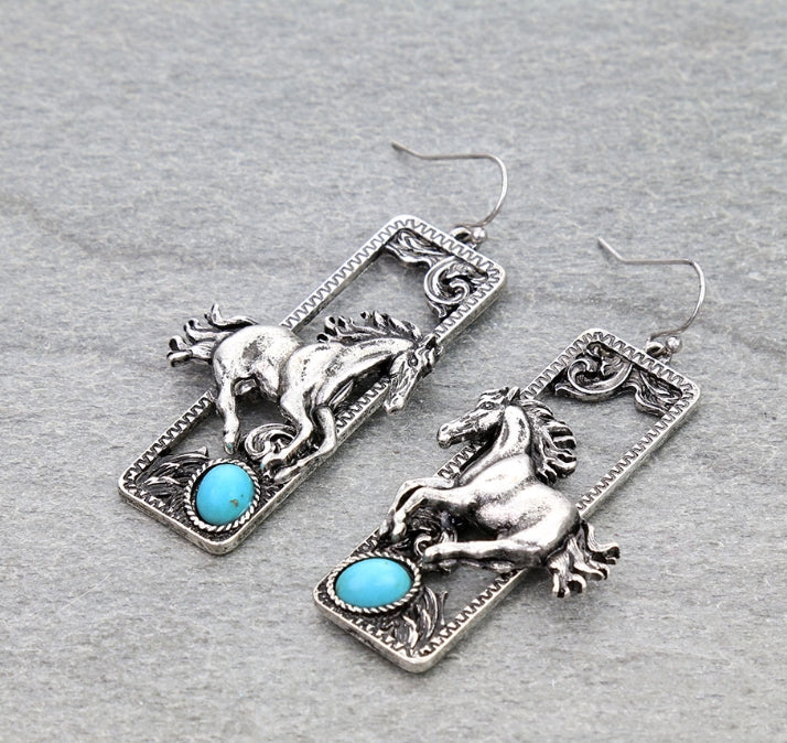 Western Horse Rectangle Dangle Earrings
