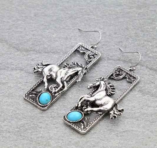 Western Horse Rectangle Dangle Earrings